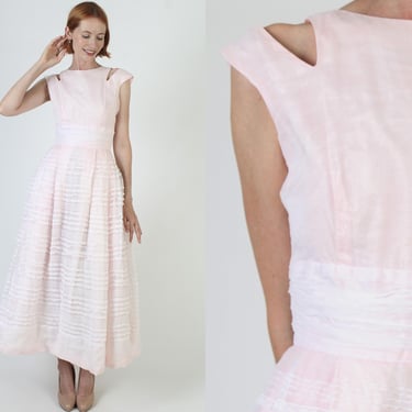 50s Long Pale Pink Wedding Dress / Barbiecore Cut Out Ball Gown / Mid Century Full Skirt Bridesmaids Outfit 