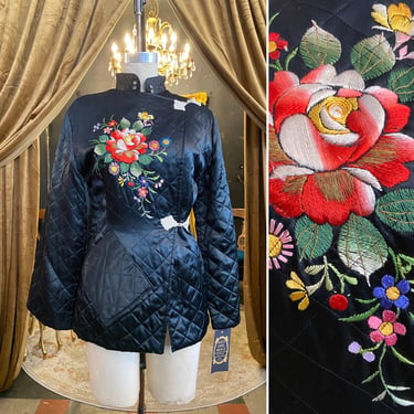 1940s quilted jacket, mandarin collar, vintage 40s jacket, asian style, embroidered flowers, frog closure, black satin, bell sleeves, medium 
