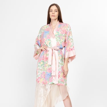 One Size 90s Victoria's Secret Pink Floral Mini Robe | Vintage Boho Pastel Satin Trim Loungewear Kimono 