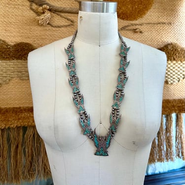 FALCON SQUASH BLOSSOM Vintage 1970s Necklace | 70s Turquoise Inlay Sterling Silver Birds | Navajo, Native American | Southwestern Jewelry 