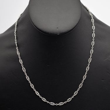 60's 925 silver filigree leaves minimalist chain, dainty pointed oval textured sterling links necklace 