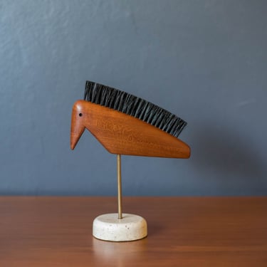 Mid Century Modern Teak Wood Animal Bird Sculpture Shoe Brush on Stone 