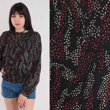 Metallic Blouse 80s Puff Sleeve Top Black Silver Red Abstract Print Sparkly Disco Shirt Going Out Glitter Retro Glam Vintage 1980s Small S 