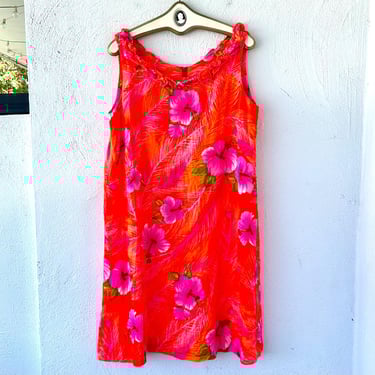 Vintage 60s 70s Flower Power Hawaiian Dress Hawaii Bright Floral 1960s Shift Day Glo Shortie Muumuu 