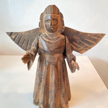 Vintage Wooden Angel Hand Carved | Rustic Wood Christmas Angel | Folk Art Angel Carved Wooden Figure | Primitive Wood Angel Statue 