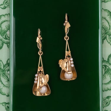 Arts &amp; Crafts 18 Karat Pearl Drop Earrings