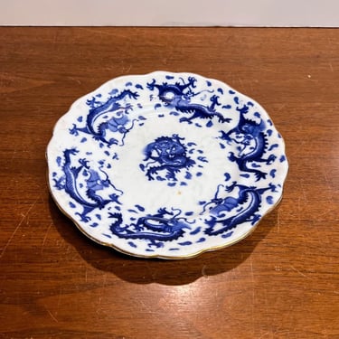 Antique Flow Blue Dragon Pattern Plate Marked 