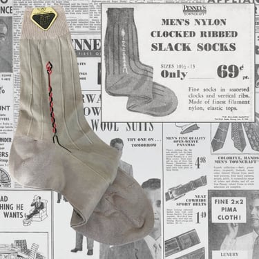 VINTAGE 50s Men's Nylon Embroidered Socks from Penney's Towncraft Size 10 Dead Stock NOS | 1950s Filament Nylon Ribbed Slack Socks | VFG 