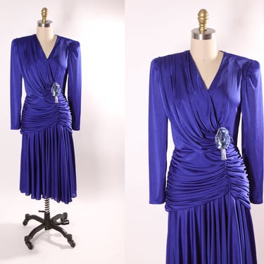 1980s Blue Long Sleeved Draped Gathered Bodice Beaded Flower Detail Hollywood Regency Dress by David Rose -S 