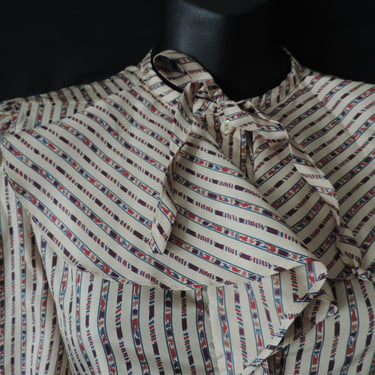 vintage ruffled jabot blouse 1980s tan striped ascot top medium 