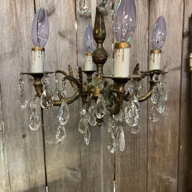 Vintage Ornate Brass and Crystal 4 Arm Chandelier, 13” tall, 12” diameter, 5ft chain
