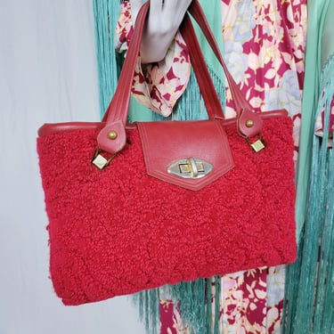 1960's Large Red Fuzzy Chenille Carpet Tote Bag Purse 