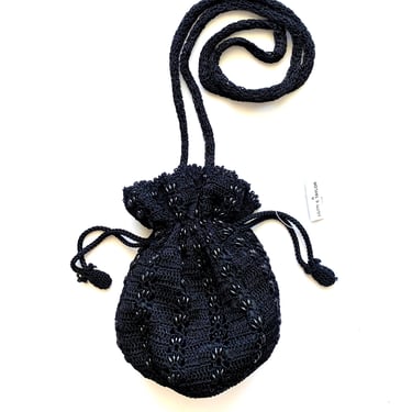 Vintage 90s Y2K Beaded Macrame Crochet Drawstring Bag Boho Minimalist Black Crossbody Purse 