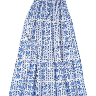 Pink City Prints - White w/ Blue Print Smocked Waist Maxi Skirt Sz XS/S