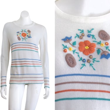 Vintage 1970s Sweater with Floral Embroidery and Stripes 