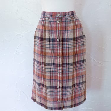 70s Rainbow Plaid Tweed Button Down Skirt | Small/26" Waist 