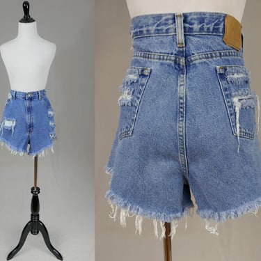 90s LA Blues Distressed Cut Off Jean Shorts - 33 waist - Cuts Frays Holes - High Rise Waisted - Vintage 1990s 