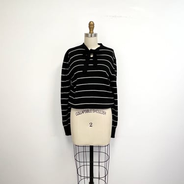 Vintage Tie Neck Sweater | 1970s Black and White Striped Pullover | Size Large 