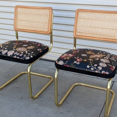 Vintage Italian Brass Cesca Chairs | Restored/Upholstered in Embroidered leather | Unique | Mid Century | Breuer | Cane Back | 2 available! 