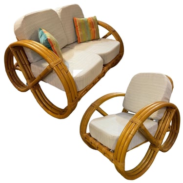 Rare 3-Strand Child Size Round Full Pretzel Rattan Sofa & Lounge Chair 