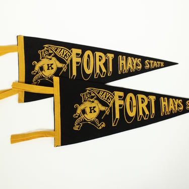 Set of 2 Vintage 60's Fort Hayes State Black Felt Pennants - Black & Yellow - FHSU 