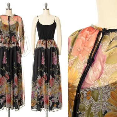 Vintage 1970s Dress Set | 70s Floral Chiffon Black Sleeveless Maxi Boho Dress & Jacket Two Piece Party Outfit (x-small/small) 