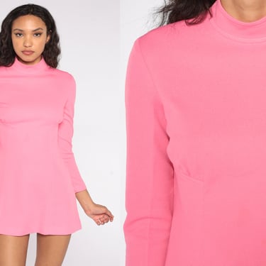 Mod Micro Mini Dress 60s Pink Shift Dress Mock Neck Top Long Sleeve 70s Space Age Vintage 1960s 1970s Retro Twiggy Dress Shirt Small S 
