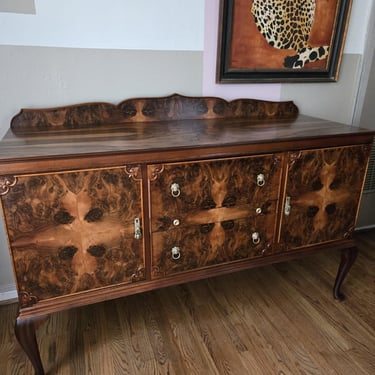 Shipping not free. English Vintage Burled Walnut Buffet 