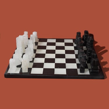 Stone Chessboard, Vintage Chessboard,  Hand Carved Stone Chess Pieces, Black and White Chessboard 