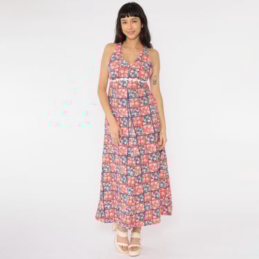 Vintage Floral Maxi Dress 70s Halter Neck Sundress Red Blue Patchwork Sun Dress Cottagecore Bohemian High Waist Hippie 1970s Small S 
