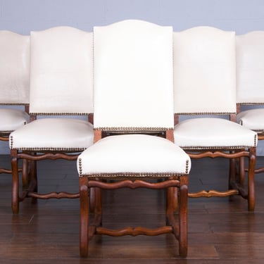 Antique Country French Louis XIII Os De Mouton Style Oak Dining Chairs W/ White Vinyl - Set of 6 