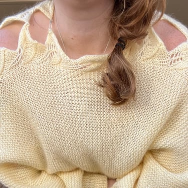 80s Hand Knit Cutout Sweater Cream Batwing Sleeve Dolman Size M / L / XL 