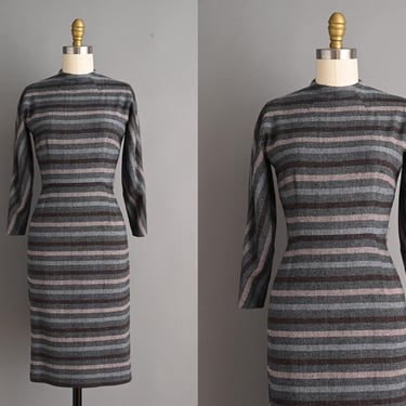 vintage 1950s Dress | Nishinomiya Cozy Wool Stripe Print Winter Wiggle Dress | XS Small 