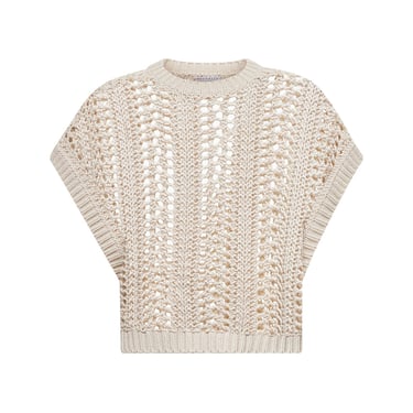 Brunello Cucinelli Women Beige Cotton Ribbed Net Sweater
