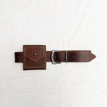 1970s Chocolate Leather Belt Bag with Red Top Stitching 