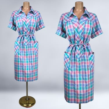 VINTAGE 60s Pastel Rainbow Plaid Cotton Smock Dress XL 14/16 | 1960s Zip Front Belted House Dress 1X Plus Size Volup | vfg 