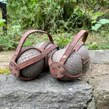 Pétanque Balls 2 Vintage Sets in Leather Strap Carrying Case Mid-Century Lawn Bowling Bocci French Carbon Steel Boules de Pétanque 