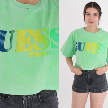 Neon Green Crop Top 90s Cropped T-Shirt Logo Graphic Tee Retro Bright Summer Boxy Tshirt Festival Lime Cotton Vintage 1990s Medium Large 