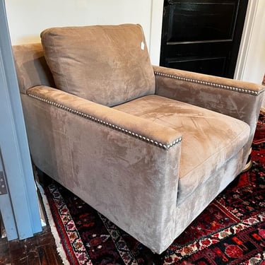 Upholstered chair 38” x 33” 33” seat height 17.5” // Ottoman 27” x 27” x 16” 