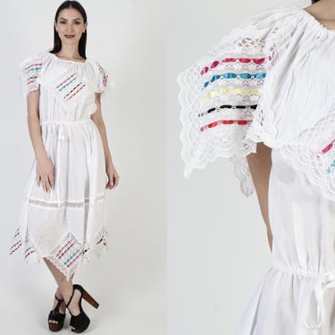 Off The Shoulder Mexican Dress, White Pintuck Lace Sundress, Vintage Ethnic Wedding Party Midi 