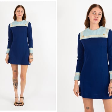 Vintage 1960s 60s Navy Powder Blue Nautical Sailor Girl Two Tone Shift Mini Dress w/ Long Sleeves, Nautical Collar, Gold Buttons 