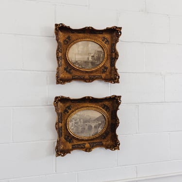 pair of midcentury Italian Florentine gilt wood framed prints