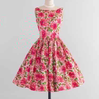 Darling 1950's Pink Rose Print Dress With Bateaux Neckline & Full Skirt / S