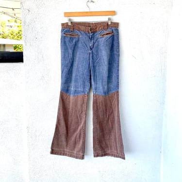 Vintage 70s Corduroy Patchwork Bell Bottoms Jeans 1970s Hippie Flare Denim Pants 