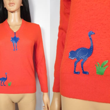 Vintage 70s Novelty Ostrich Emu Patch Bright Cherry Red V Neck Sweater Size S 