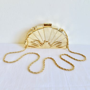 Italian Gold Metallic Hard Case Scallop Shape Clutch Purse Shoulder Chain Art Deco Disco Bag 1970's 1980's Evening Purses Made in Italy 
