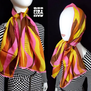 Large Psychedelic Vintage 60s 70s Pink Orange Gold Brown Patterned Long Wide Statement Scarf 