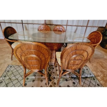 Dining Table Set, Chairs, Wagon Back, Table w/ Glass Top, Vintage, Circa 1980s!!