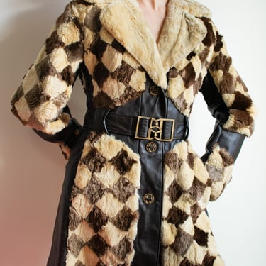 70’s Sheared Beaver Cream and Brown Checkered Patchwork Turn Lock Chocolate Leather Inserts Belted Coat Jacket