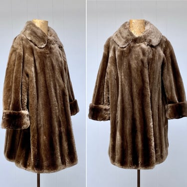 Vintage 1950s Henri Bendel Brown Mouton Coat, Genuine Sheared Beaver Fur Coat, Mid-Century Teddy Bear Swing Coat, Medium 44